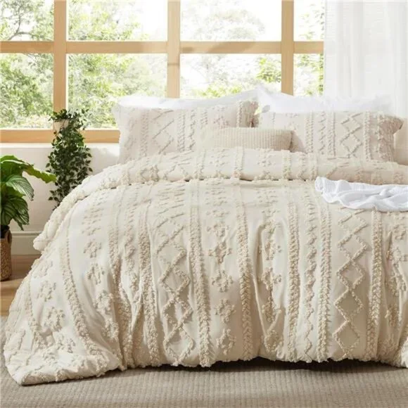 Tufted Boho Comforter Set Queen Size - Beige Boho Bed Set, 3 Pieces Farmhouse
