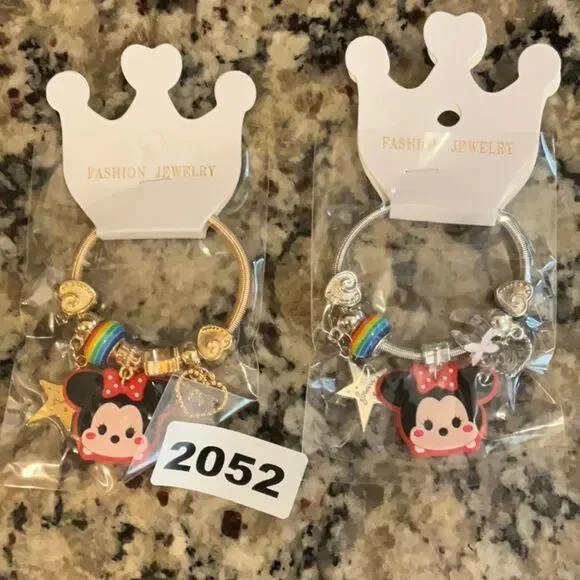 2052 Mini Mouse Gold Or Silver Kids Stretchy Charm Bracelet