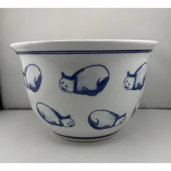 Vintage Japanese Porcelain Sleeping Cat Planter Blue White ~5