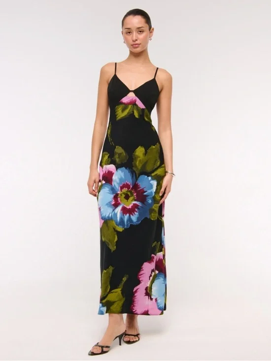 Abercrombie & Fitch Black Floral Slip Maxi Dress with Pink & Blue Blooms