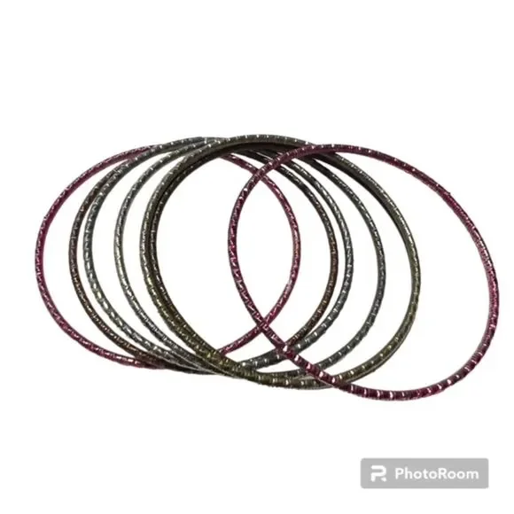 Set of 7 Girls Pink Silver Tone Multicolored Individual Bangle Bracelets