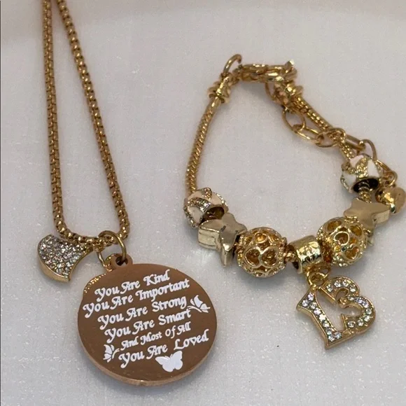 13 yr old girl jewelry gift set Gold NecklacePendant and charm bracelet NWT