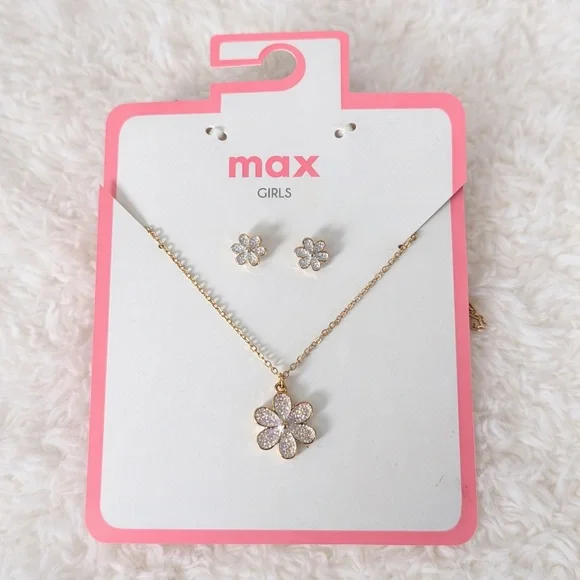 NEW Max Girls Gold Tone Flower Necklace & Stud Earrings Set Glitter Daisy jewlry