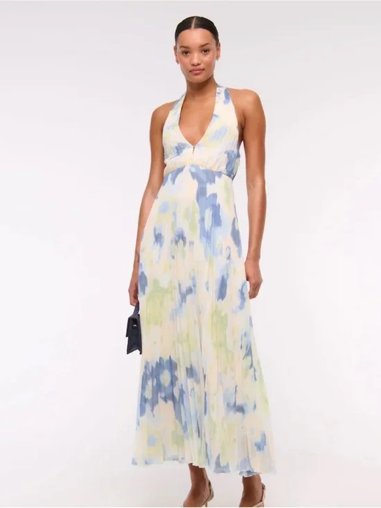 Abercrombie Giselle Halter Pleated Maxi Dress in Blue & Green