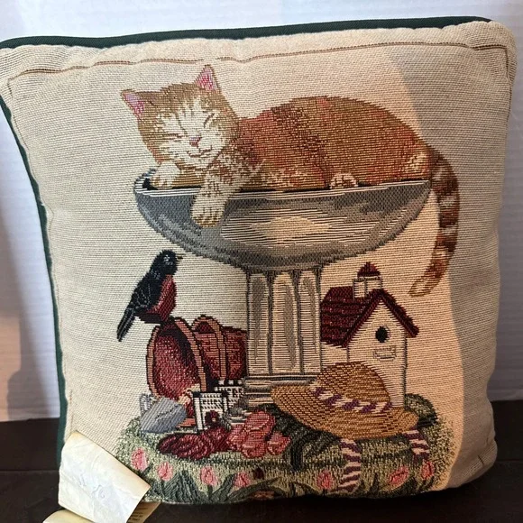 Jacquard Weave Tapestry Pillow CAT In Birdbath Bird watches Cat Spring Flowers