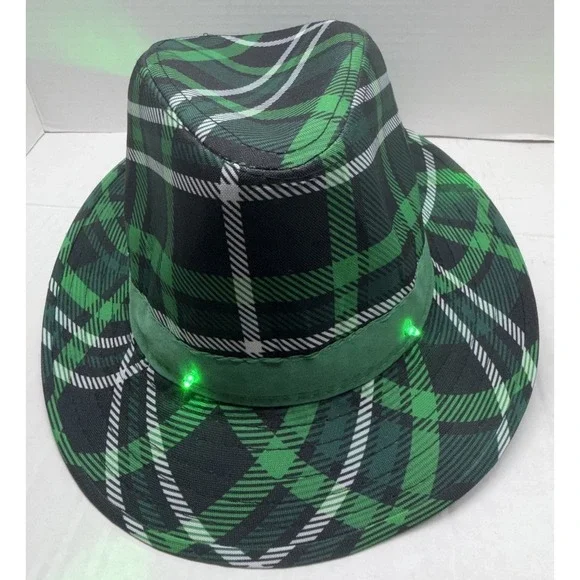 Light Up St. Patrick's Day Fedora Hat Green Plaid LED Party Costume
