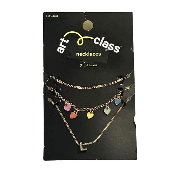 Art Class 3 Piece Necklace Set Gold Tone Layered Charms Initial L Rainbow Hearts