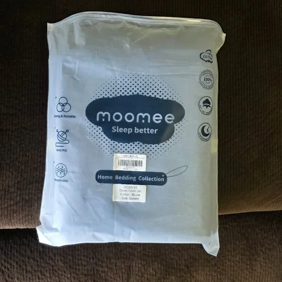 MooMee Queen Duvet Cover Set Blue 100% Washed Cotton Breathable Bedding NEW