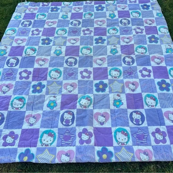 Y2K Sanrio Hello Kitty Checkerboard Patchwork Stripe Reversible Comforter READ