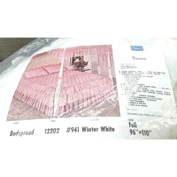 Vintage Sears Ramona Collection Full Quilted Bedspread White Ruffled 96x110 NOS