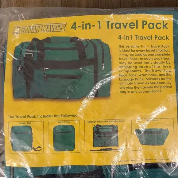 American Traveler 4 in 1 Travel Pack Green Travel Bag Backpack Luggage Waist Bag