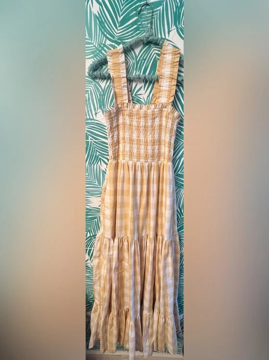 Abercrombie & Fitch Yellow and White Gingham Smocked Maxi Dress Sz S