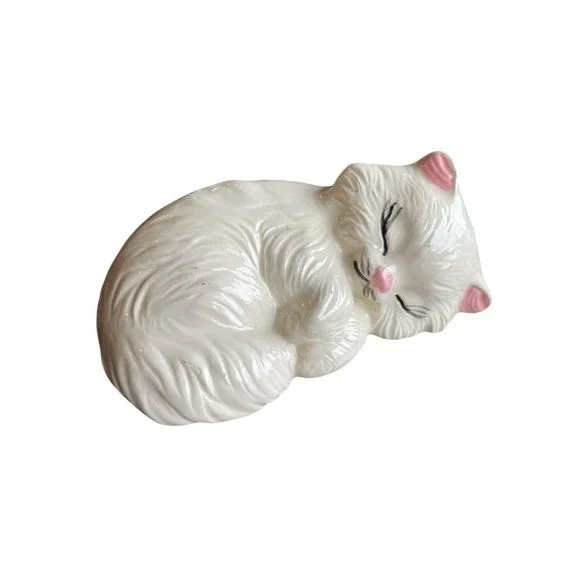 Scioto Sleeping‎ Cat Figurine White Ceramic Persian Kitty Vintage Shelf Decor