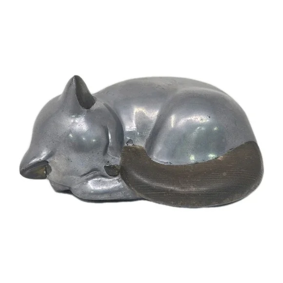 Vintage Two Tone Metal Sleeping Cat Figurine 6