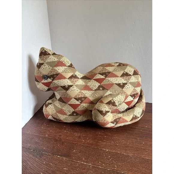 Vintage Hand Made Patchwork Linen Laying Cat Plush Door Stop Couch Laying Kitty