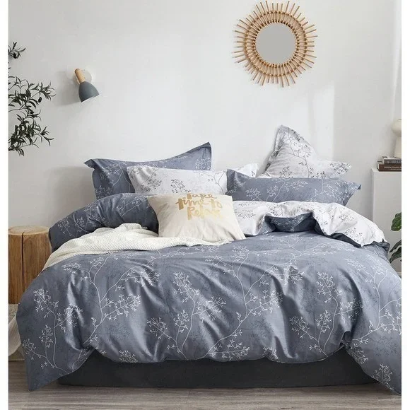 Tracey Blue Gray Foliage Comforter Set Cotton Reversible Farmhouse All Season