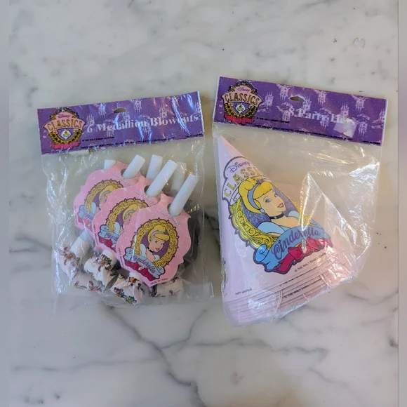 NWT. Vintage 90s Disney Cinderella Pink and Blue Party Hats (8) & Blowouts (6)