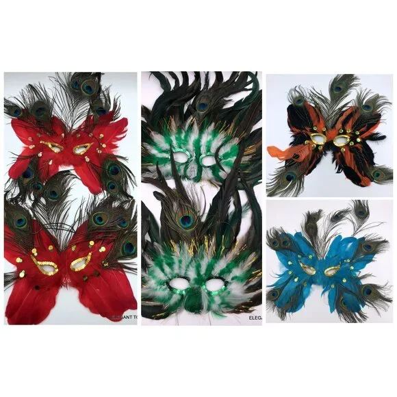 LOT 6 Masqquerade Mardi Gras Mask Adult Feathered Sequins Red Blue Green Orange