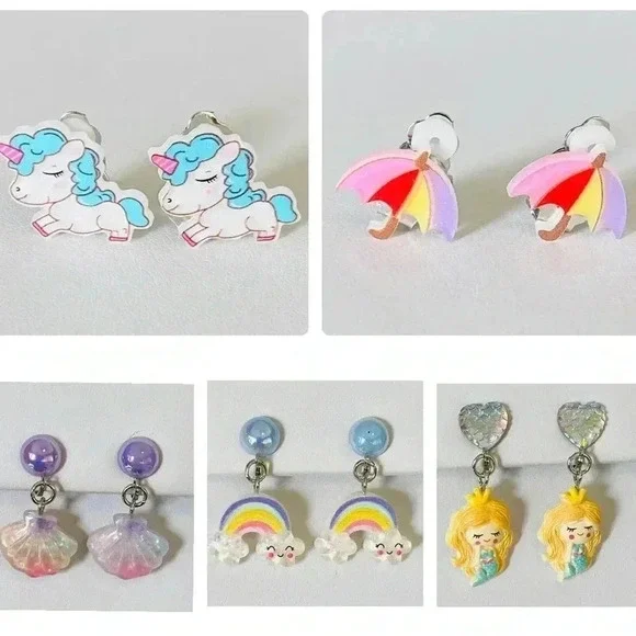 5 Pairs Kids Clip On Earrings Rainbow Unicorn Seashell Umbrella Mermaid