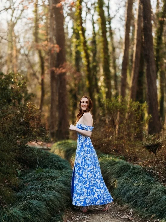 Abercrombie & Fitch Blue and White Off-Shoulder Floral Maxi Dress with High Slit