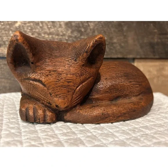 Vintage Midcentury Modern‎ Sleeping Cat Wooden Figurine Sculpture