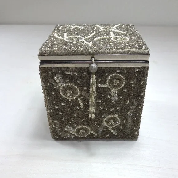 Target 2005 Vintage Style Beaded Jewelry Box Champagne Pearl Sequin Tassel 4x4