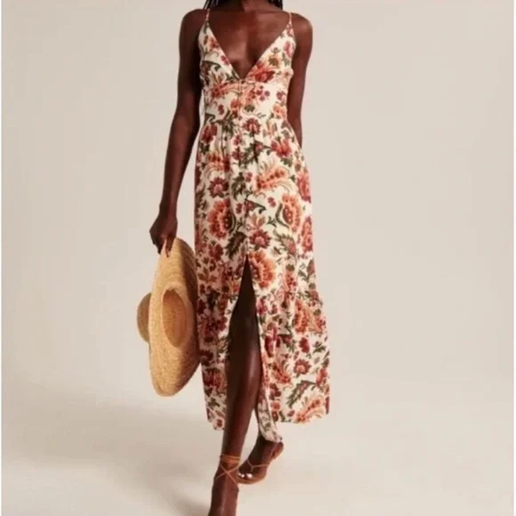 Nwt Abercrombie & Fitch Linen Blend Floral Button Through Maxi Dress size XS