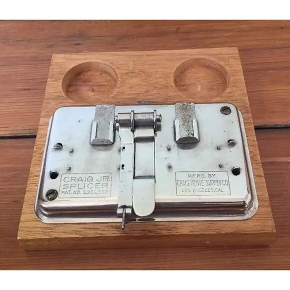 Vtg 16mm Craig Jr Movie Supply Co Los Angeles Steel Film Splicer on Wooden Base