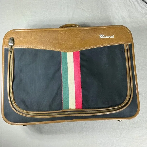 Vintage Monarch Suitcase Black Tan Stripe Damask Lined Retro Luggage Carry On