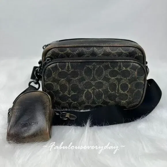 Coach Men's Finlay Crossbody Bag In Loved Signature Canvas Brown CEA89 NWT