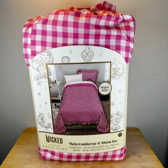 Wicked x Katie Kime Comforter Sham Set Twin Pink Gingham Glinda the Good NWT