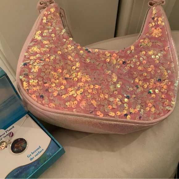 Pink Sequin little girls Shoulder Bag with little mermaid necklace