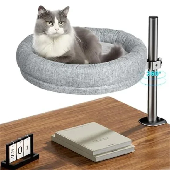 Cat Desk Bed Elevated Adjustable Height Rotating Indoor Cat Lounge Grey Up to 40