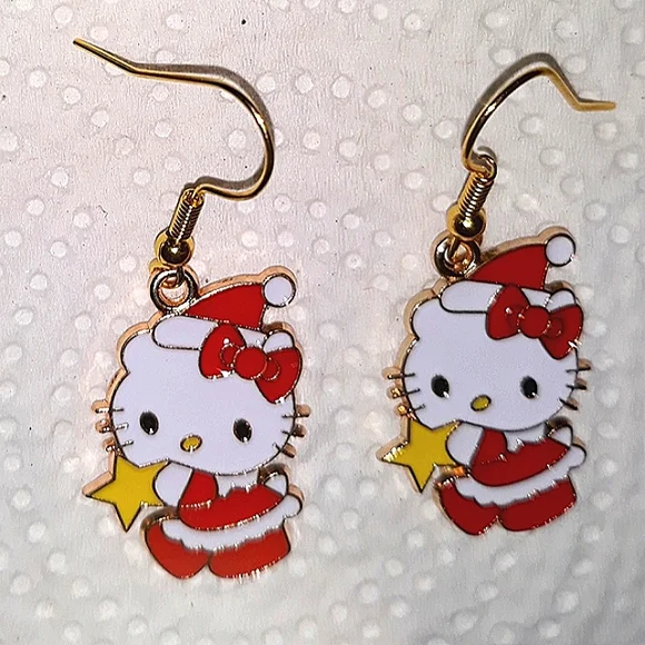 Hello Kitty Winter Holiday Gold Star Earrings.Red Whte Gold Enamel Earwi…
