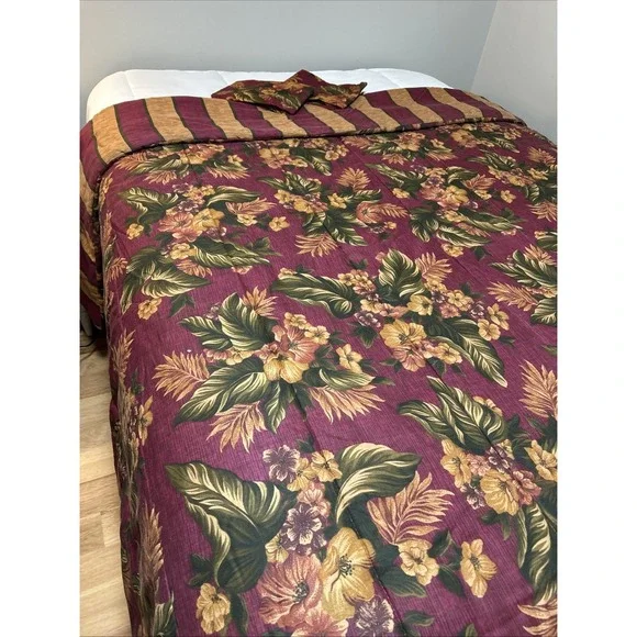 Reversible Comforter And Pillow‎ Shams Set Tropical Floral Stripe SKU 1394