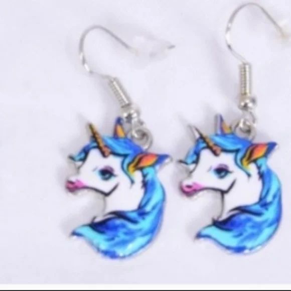 Unicorn Gold Earrings on Ear Wires *Blue Pony Horse White Hypoallergeni…