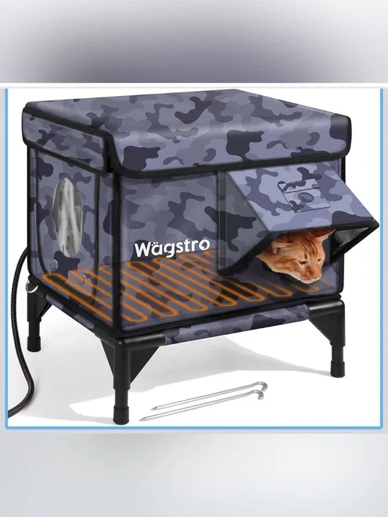 New Open Box Black Camo Heated Cat House for Outside, Insulated Weatherproof