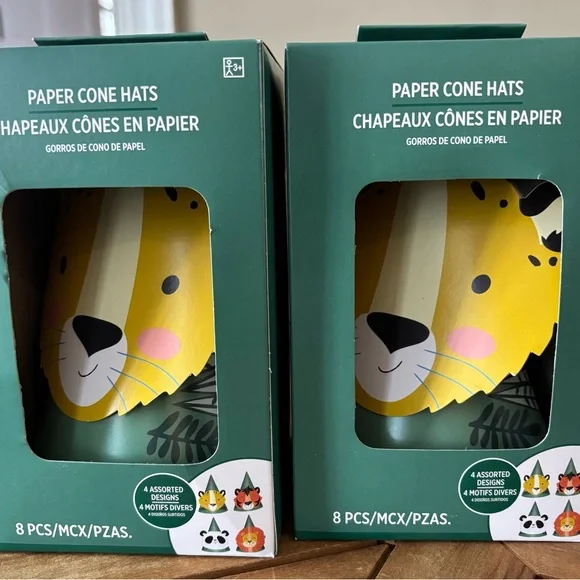 NEW (8) Wild Animal Birthday Party Hats Paper Cone Lion Leopard Tiger Panda