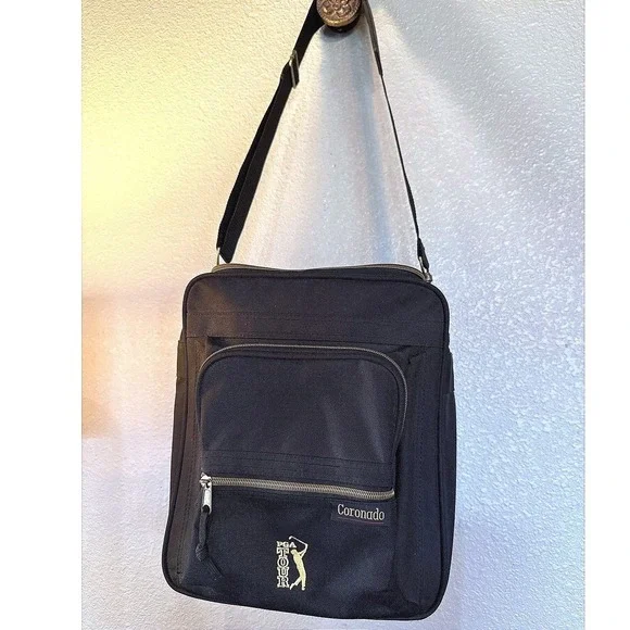 Coronado Crossbody Travel Bag Black Canvas Gold PGA Tour Logo Messenger Bag