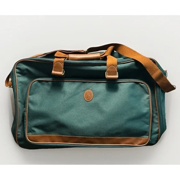 Polo Ralph Lauren Duffle Bag Green Canvas Brown Trim Weekender Travel Luggage