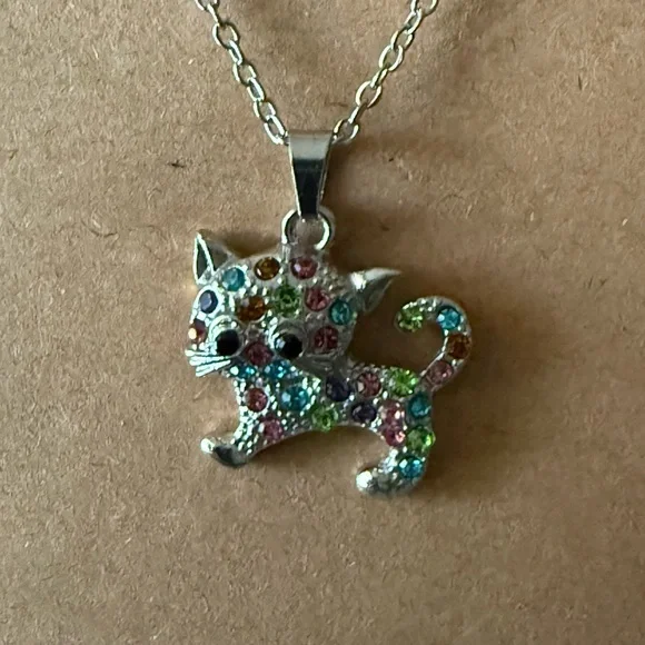 Silver Cat Pendant with Colorful Gemstones