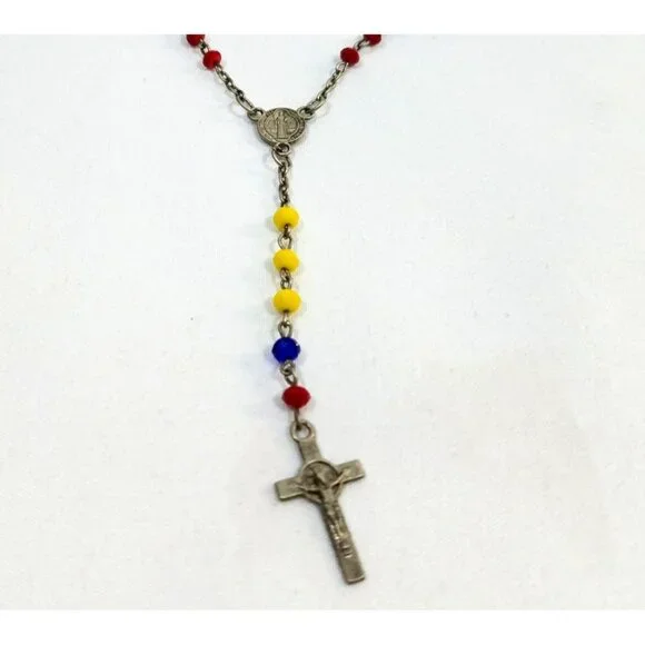 Vintage Rosary St Benedict and Lady of My Guadelupe Red Blue Yellow Beads