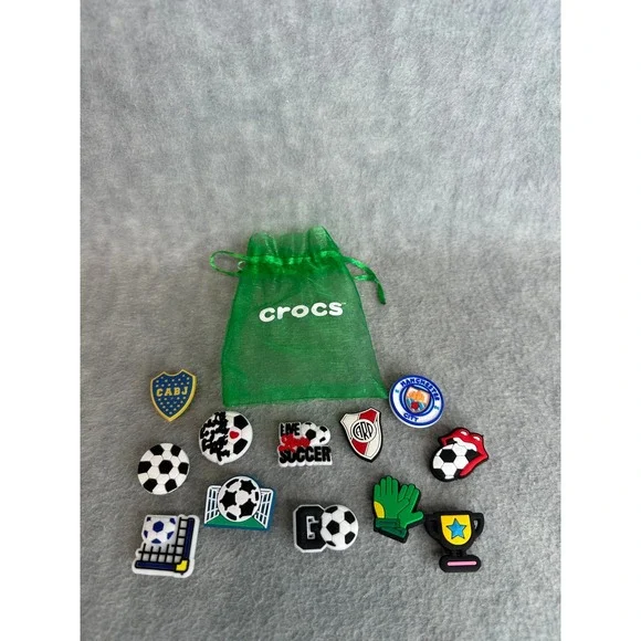 Crocs Shoe Charms Jibbitz OS Multi Soccer Football 12pc Set with‎ Bag