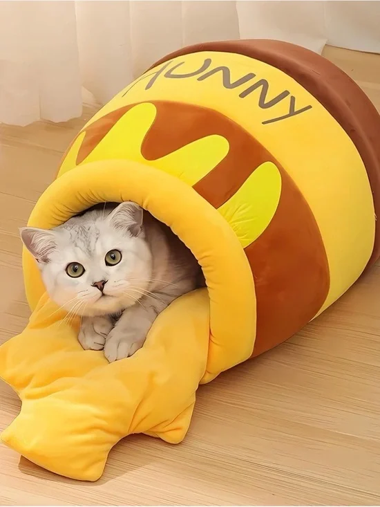 Yellow Brown Honey Jar Cat Bed - Cozy Plush Pet Cave