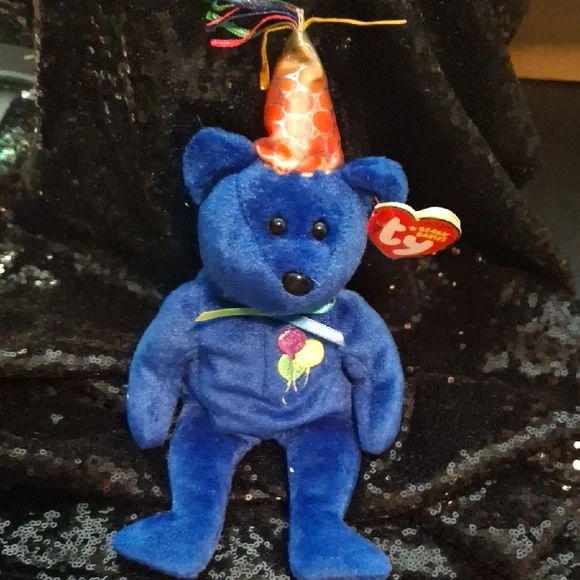 Ty Festive Blue Bear with Orange Party Hat