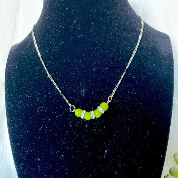 Cat eye bead and Rhinestone spacer pendant necklace with silver tone chain