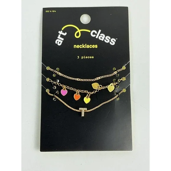 Art Class 3pc Necklace Set Gold Tone Initial T Heart Leaf‎ Charms New NWT