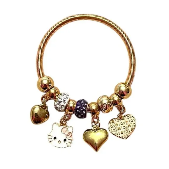 Hello Kitty Hearts Purple And White Rhinestone Gold Tone Kids’ Charm Br…