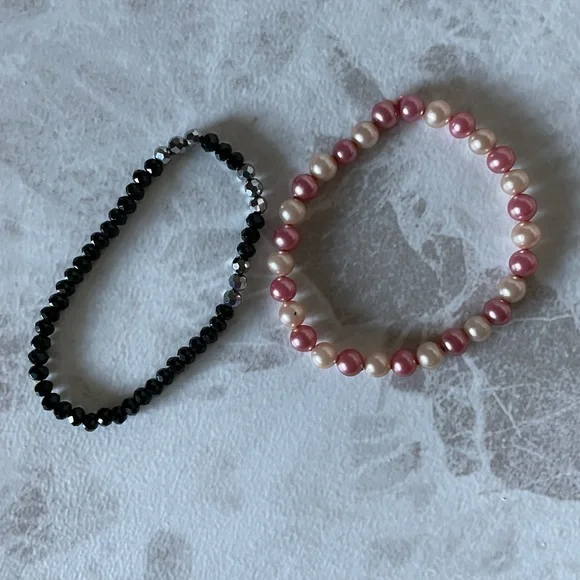 Black and silver tone rondelle, Faux pink pearl stretchy bracelet - 2 strands