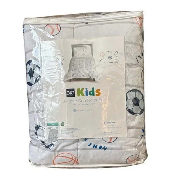 Big Kids 2-Piece Twin Comforter Set w/ Sports Design: Soccer Baseball Football